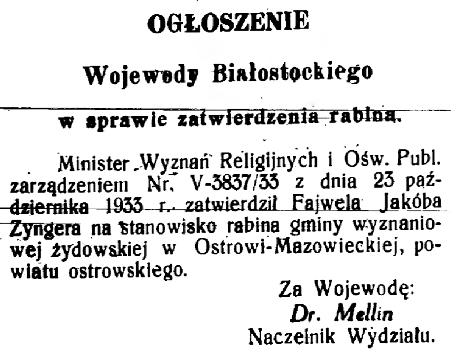 Ogłoszenie wojewody białosotckiego w sprawie 
zatwierdzenia rabina